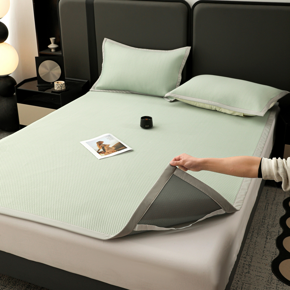 91家纺网 家纺一手货源 找家纺 富馨莱 2026新款PE乙纶高克重冰豆豆席凉感凉席单件平铺款学生宿舍支持一件定制尺寸 冰绿色