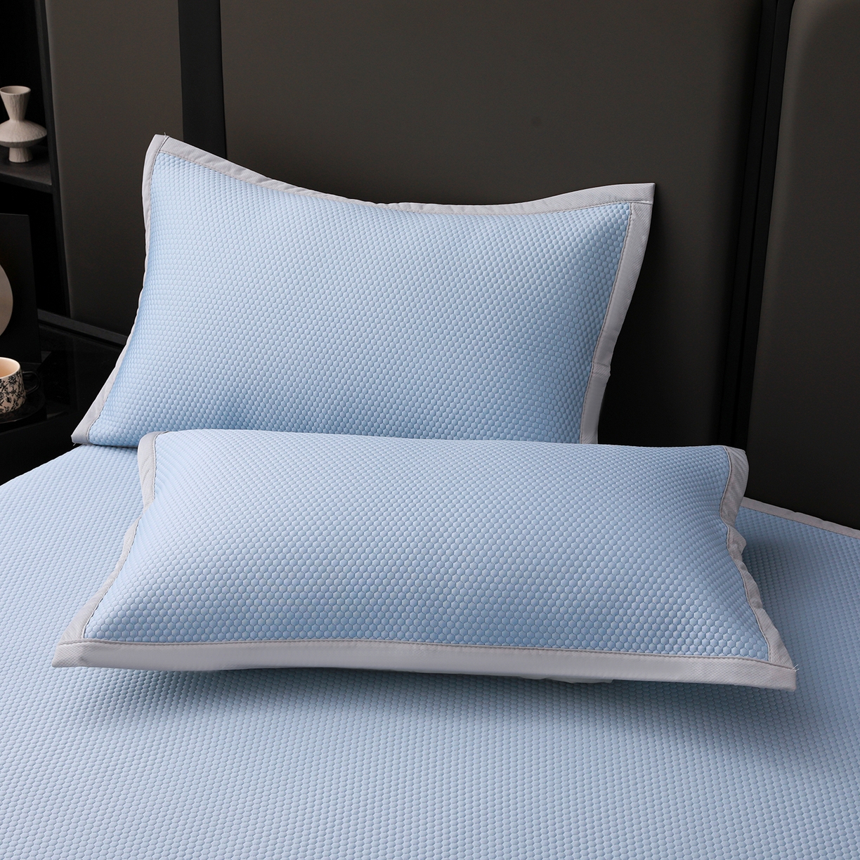 91家纺网 家纺一手货源 找家纺 富馨莱 2026新款PE乙纶高克重冰豆豆席凉感凉席单件平铺款学生宿舍支持一件定制尺寸 冰蓝色