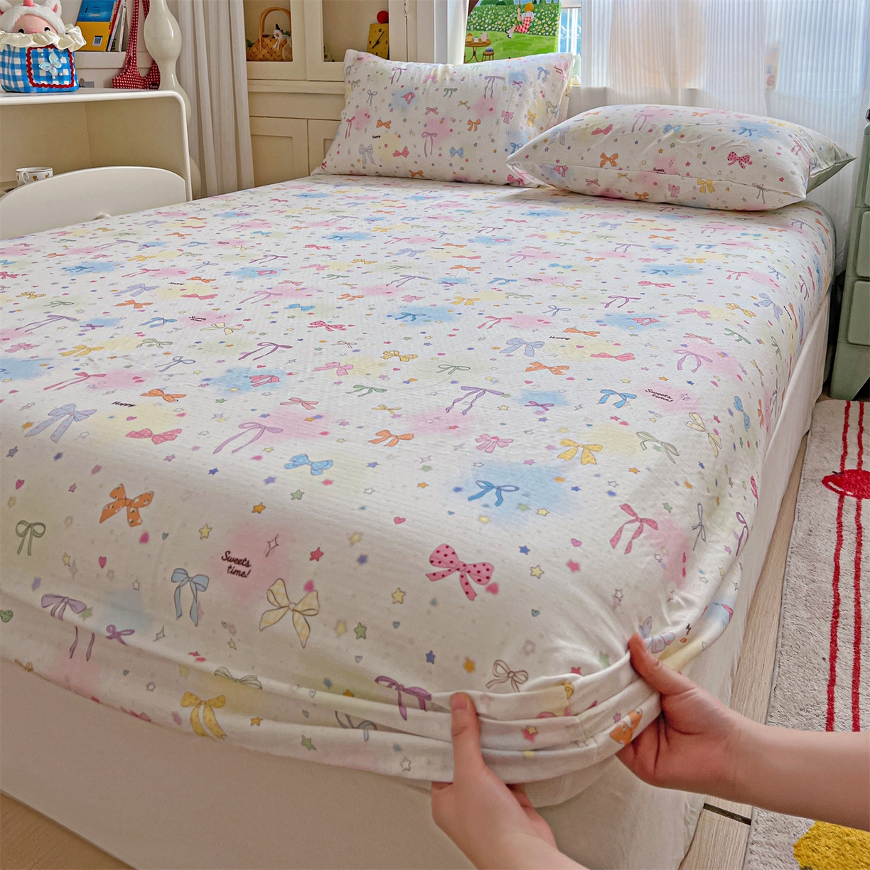 91家纺网 家纺一手货源 找家纺 名兮家居 2026新款全棉纯棉A类卡通时尚风双层纱床笠单品床笠床笠单件 双层纱-碎星蝶舞