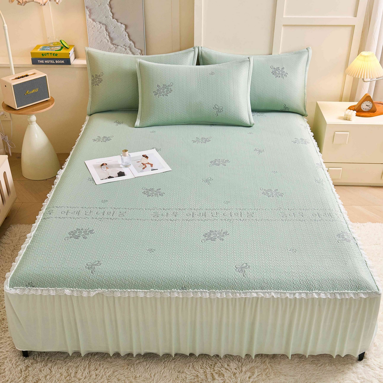 梵克保罗 2026春夏新款PE乙纶凉感因子冰豆豆韩系蕾丝提花床裙款凉席三件套-韩系系列 韩系-清水绿