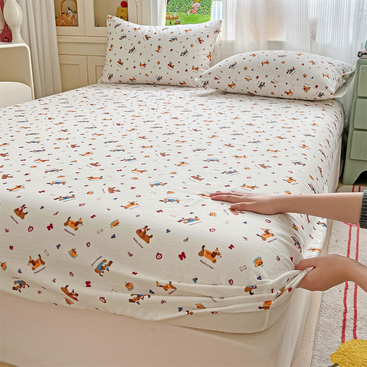 名兮家居 2026新款全棉纯棉A类卡通时尚风双层纱床笠单品床笠床笠单件 双层纱-小狗日记