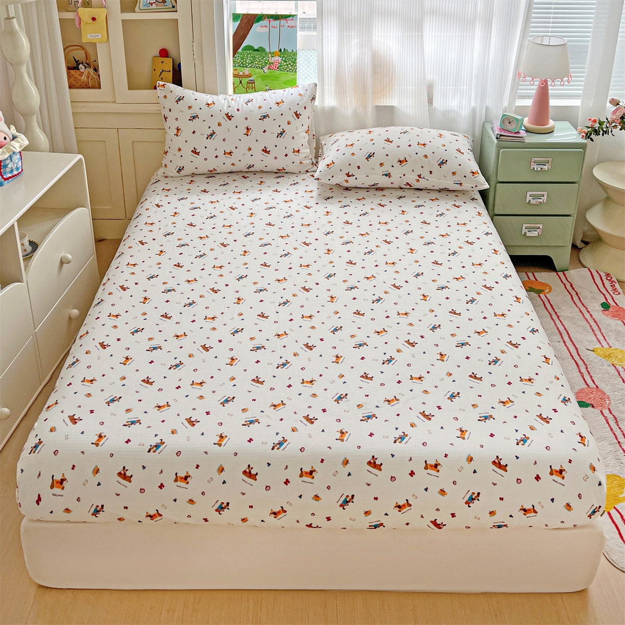 91家纺网 家纺一手货源 找家纺 名兮家居 2026新款全棉纯棉A类卡通时尚风双层纱床笠单品床笠床笠单件 双层纱-小狗日记