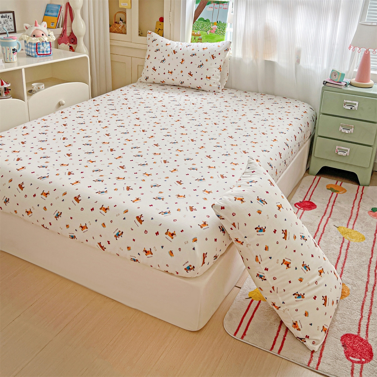 91家纺网 家纺一手货源 找家纺 名兮家居 2026新款全棉纯棉A类卡通时尚风双层纱床笠单品床笠床笠单件 双层纱-小狗日记