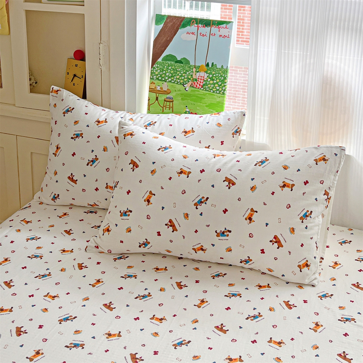 91家纺网 家纺一手货源 找家纺 名兮家居 2026新款全棉纯棉A类卡通时尚风双层纱床笠单品床笠床笠单件 双层纱-小狗日记