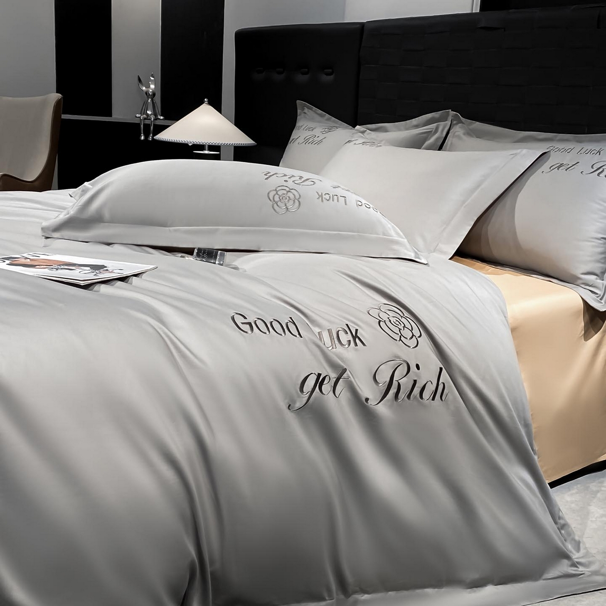 91家纺网 家纺一手货源 找家纺 润锦云 2026新款100s全棉长绒棉纯棉刺绣四件套-如愿 如愿-典雅灰+香槟金