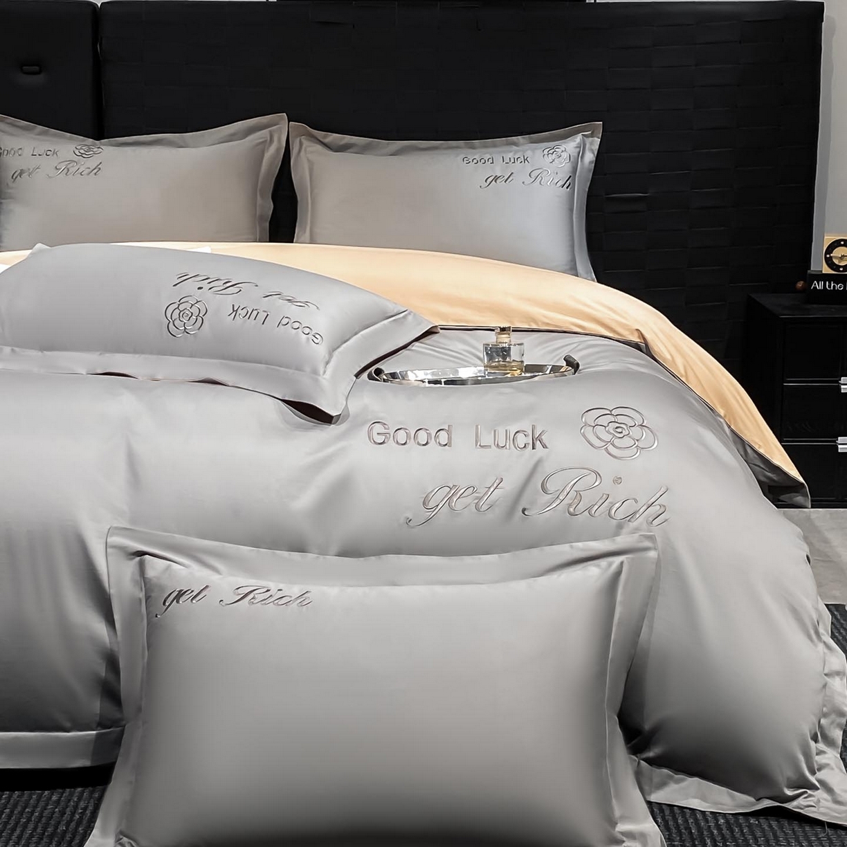 91家纺网 家纺一手货源 找家纺 润锦云 2026新款100s全棉长绒棉纯棉刺绣四件套-如愿 如愿-典雅灰+香槟金