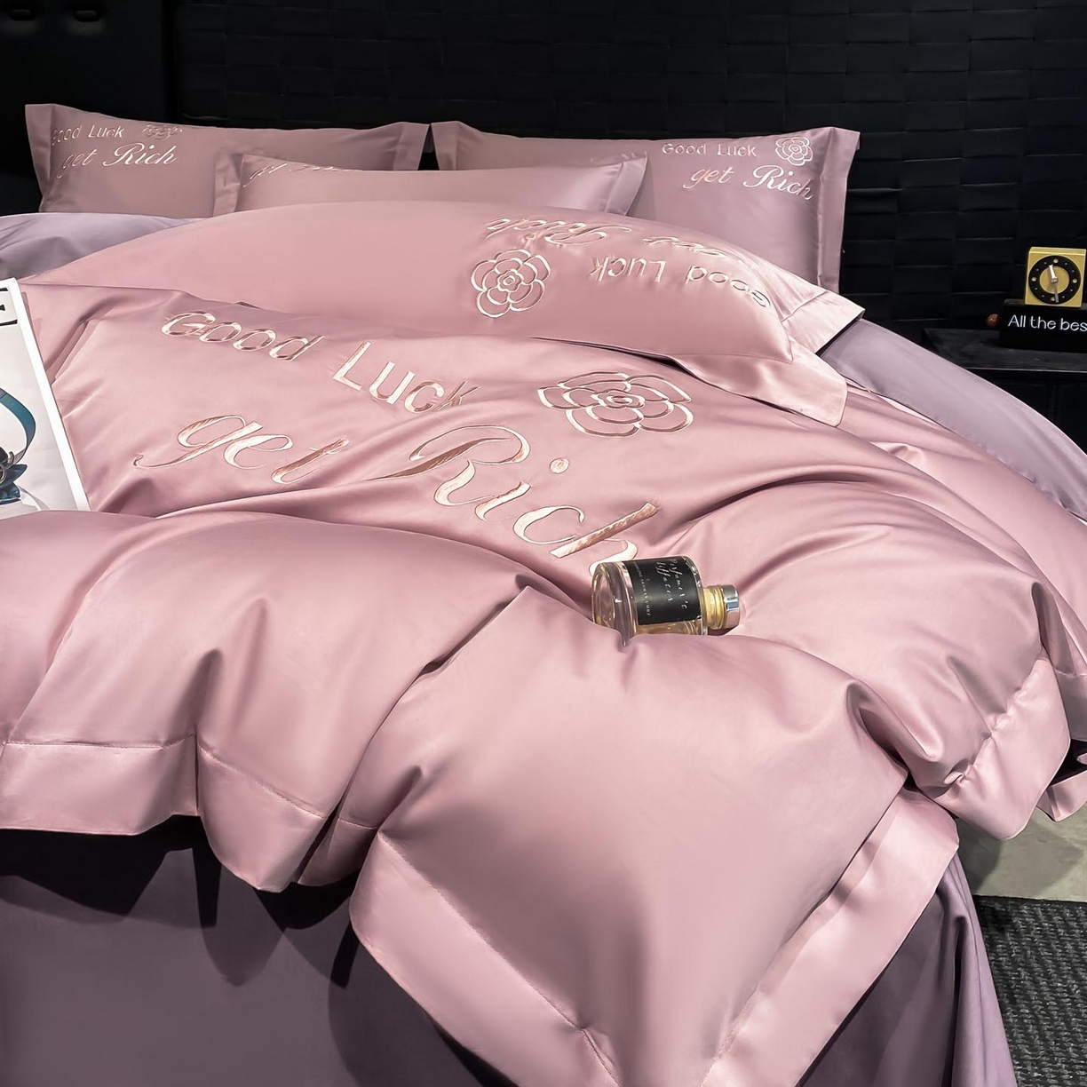 91家纺网 家纺一手货源 找家纺 润锦云 2026新款100s全棉长绒棉纯棉刺绣四件套-如愿 如愿-芙蓉粉+星黛紫