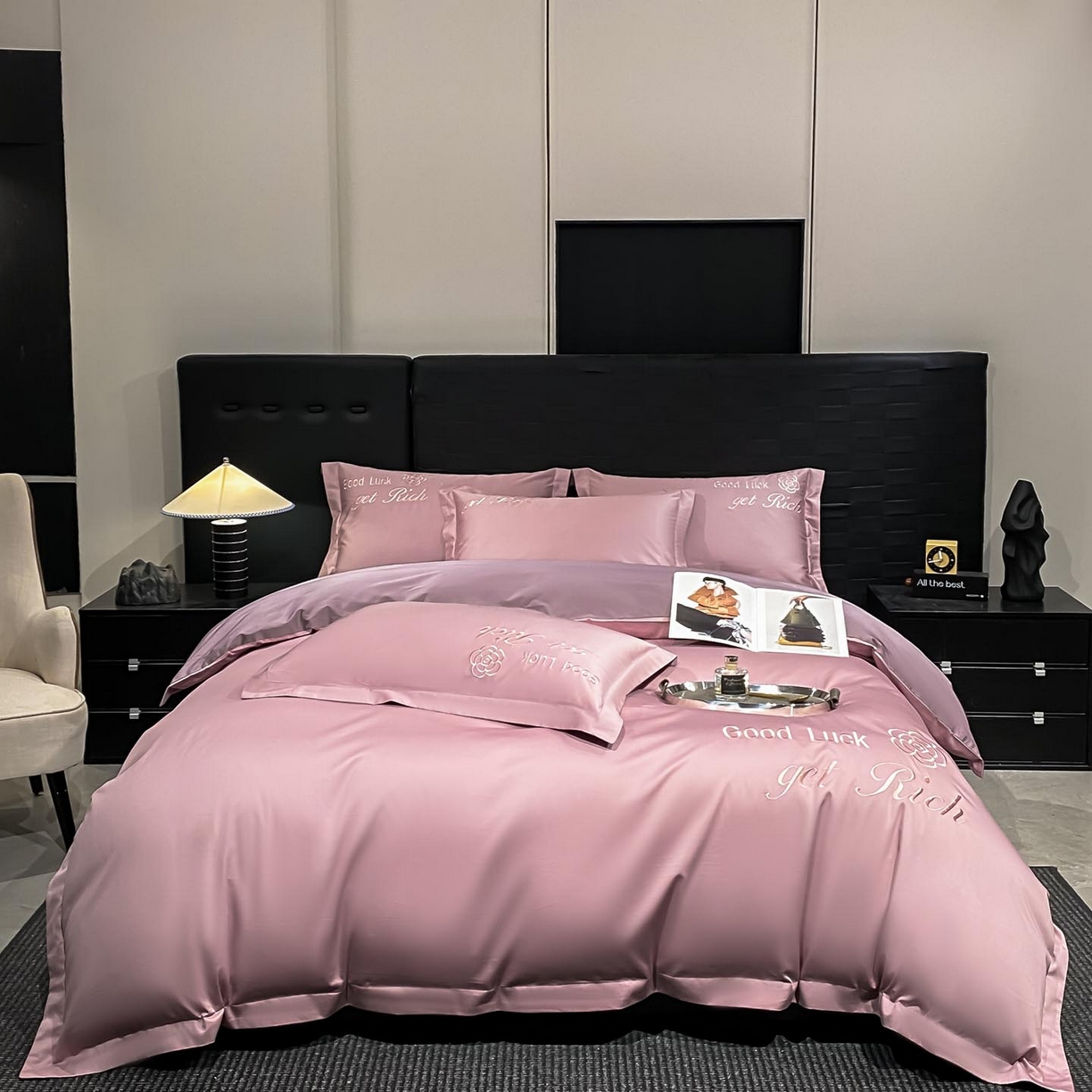 91家纺网 家纺一手货源 找家纺 润锦云 2026新款100s全棉长绒棉纯棉刺绣四件套-如愿 如愿-芙蓉粉+星黛紫