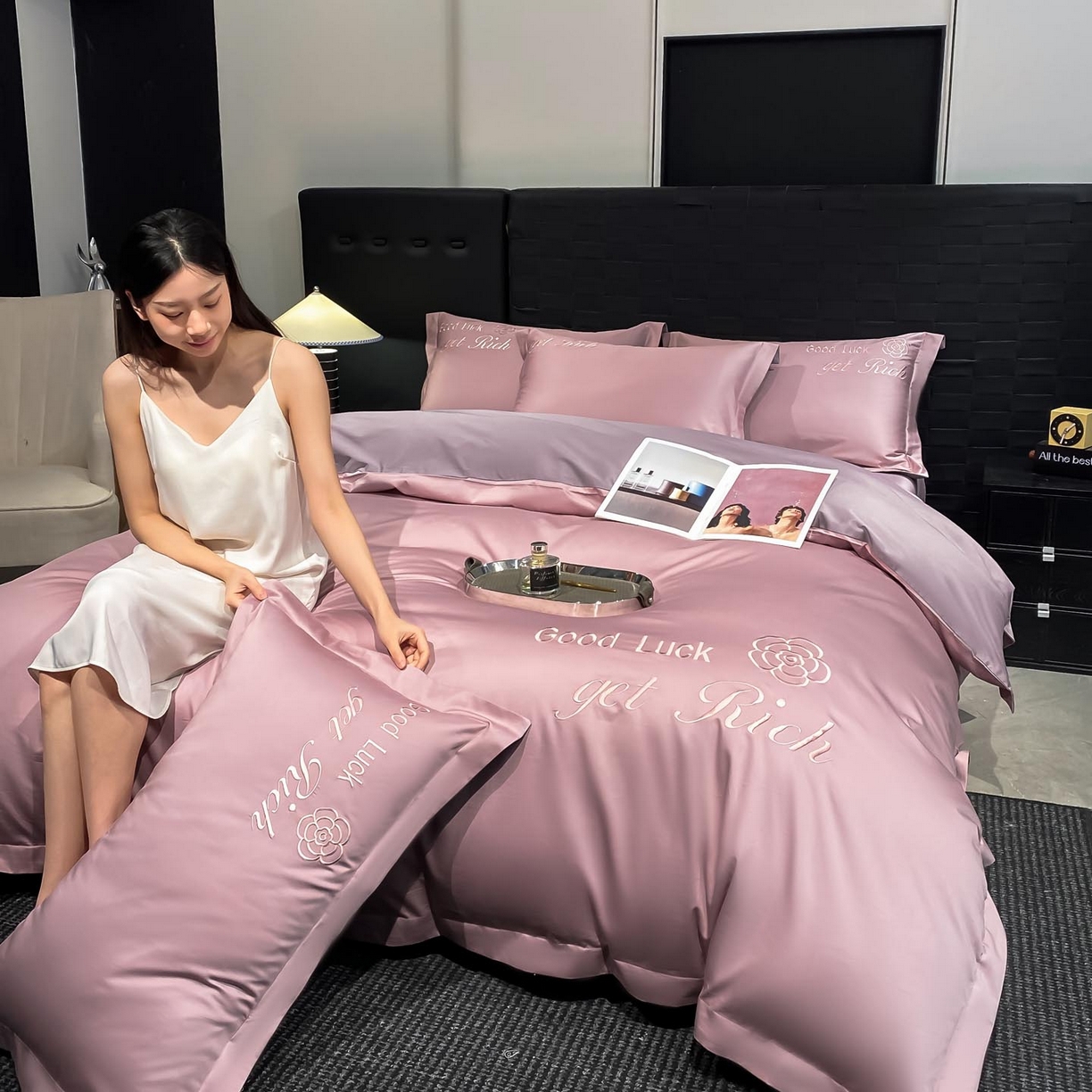 91家纺网 家纺一手货源 找家纺 润锦云 2026新款100s全棉长绒棉纯棉刺绣四件套-如愿 如愿-芙蓉粉+星黛紫