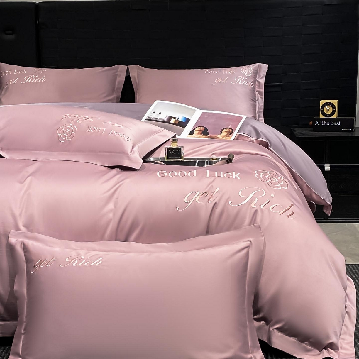 91家纺网 家纺一手货源 找家纺 润锦云 2026新款100s全棉长绒棉纯棉刺绣四件套-如愿 如愿-芙蓉粉+星黛紫