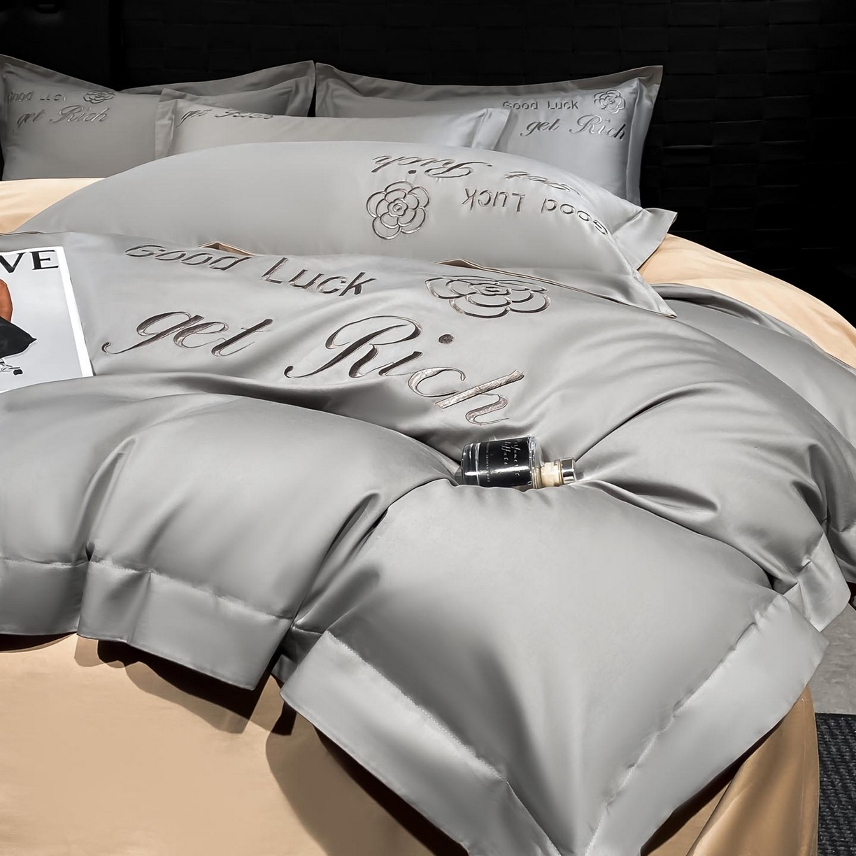 91家纺网 家纺一手货源 找家纺 润锦云 2026新款100s全棉长绒棉纯棉刺绣四件套-如愿 如愿-典雅灰+香槟金