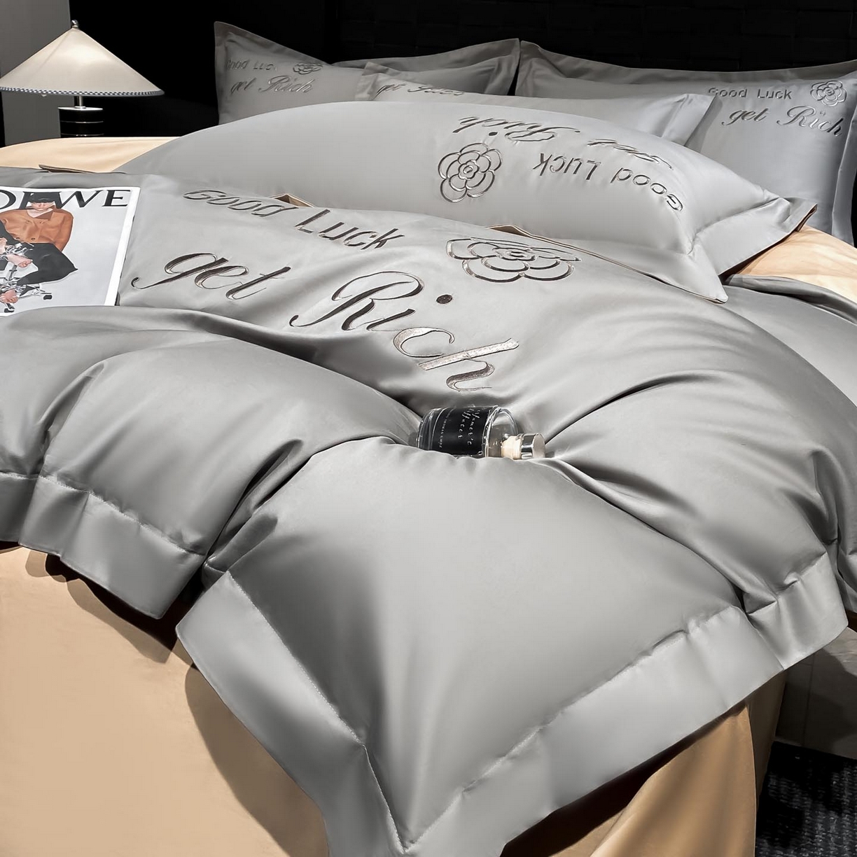 91家纺网 家纺一手货源 找家纺 润锦云 2026新款100s全棉长绒棉纯棉刺绣四件套-如愿 如愿-典雅灰+香槟金