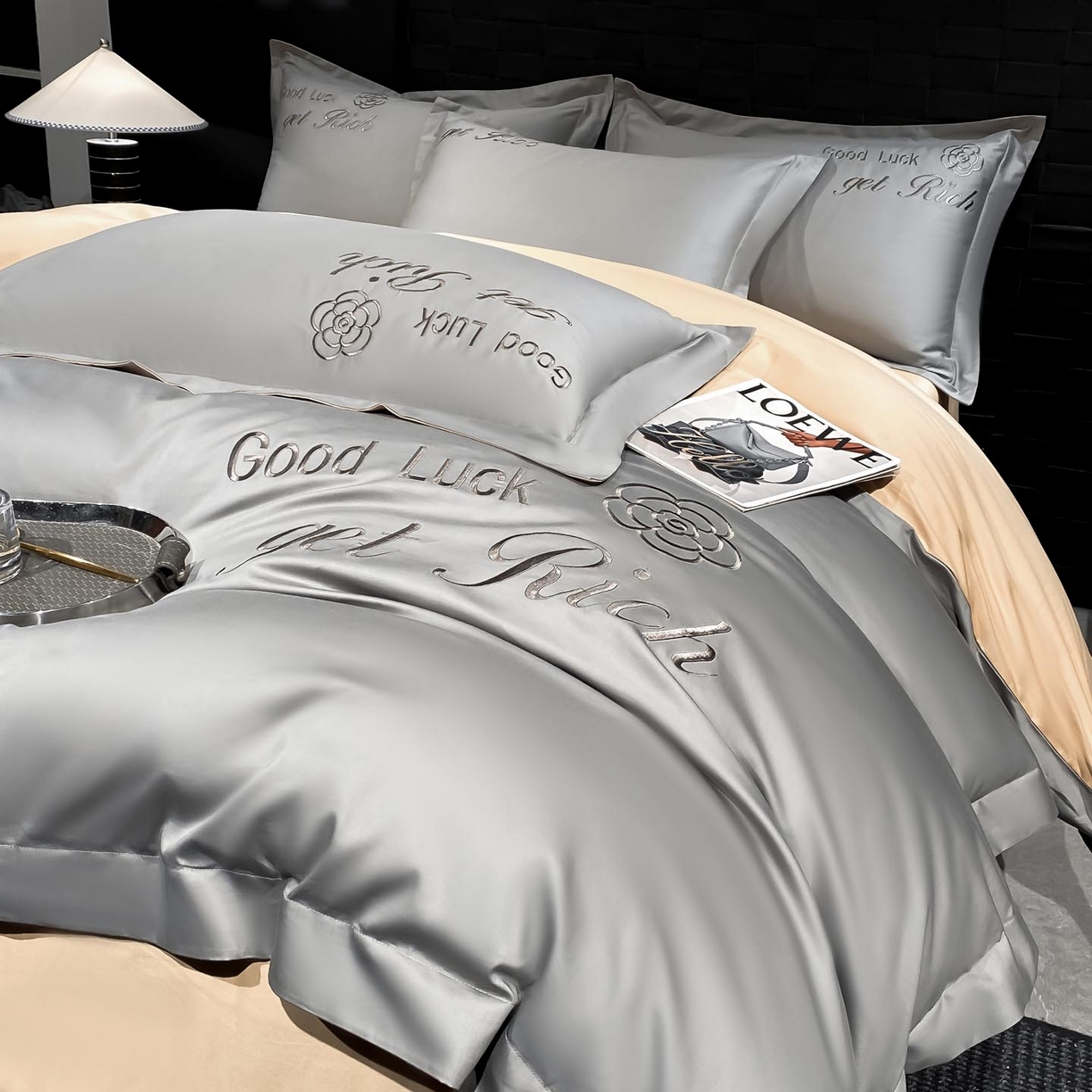 91家纺网 家纺一手货源 找家纺 润锦云 2026新款100s全棉长绒棉纯棉刺绣四件套-如愿 如愿-典雅灰+香槟金