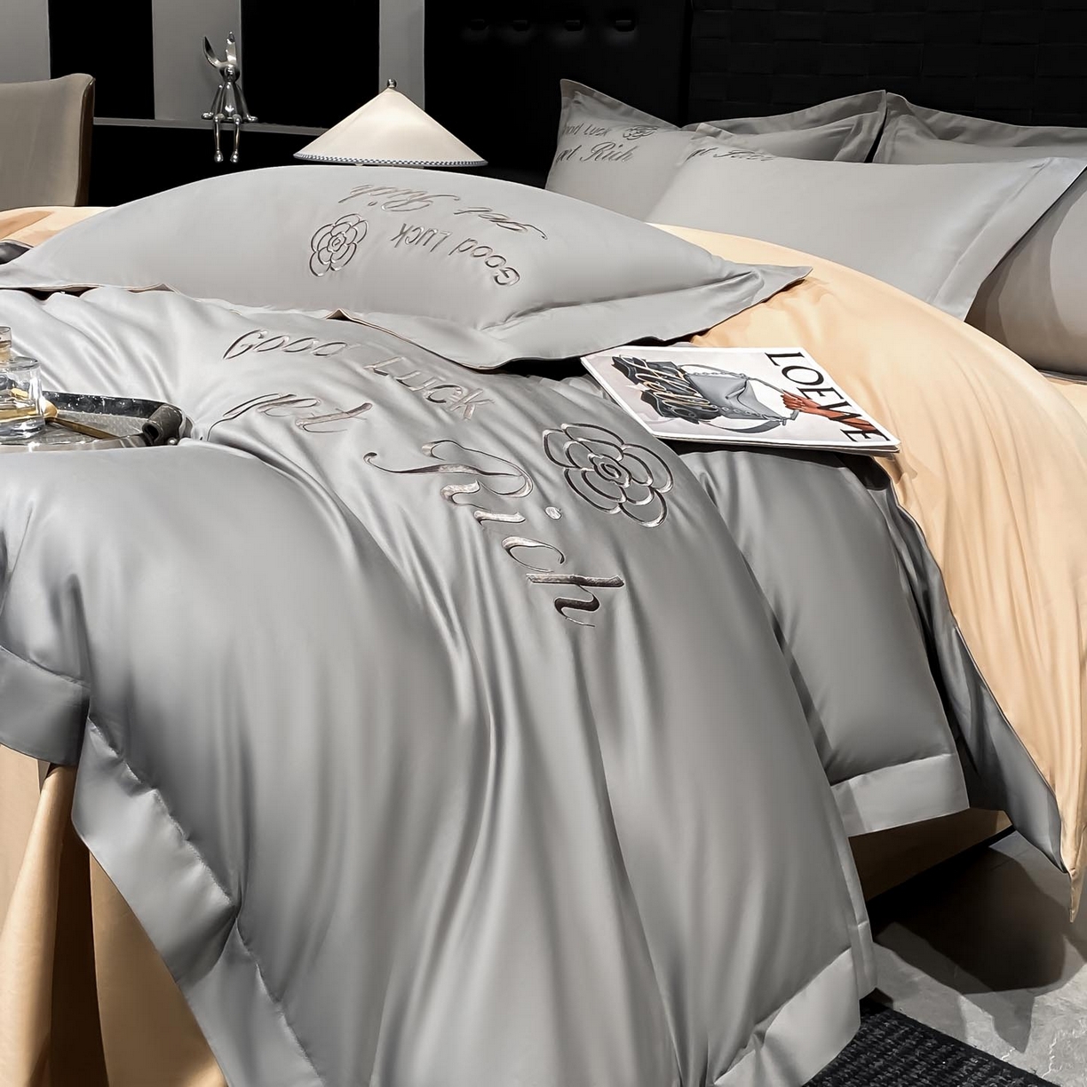 91家纺网 家纺一手货源 找家纺 润锦云 2026新款100s全棉长绒棉纯棉刺绣四件套-如愿 如愿-典雅灰+香槟金