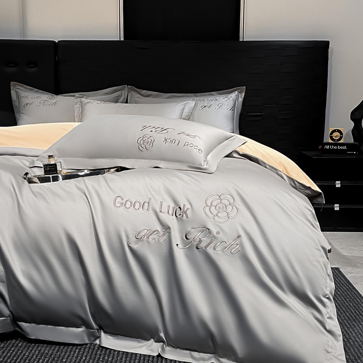 91家纺网 家纺一手货源 找家纺 润锦云 2026新款100s全棉长绒棉纯棉刺绣四件套-如愿 如愿-典雅灰+香槟金