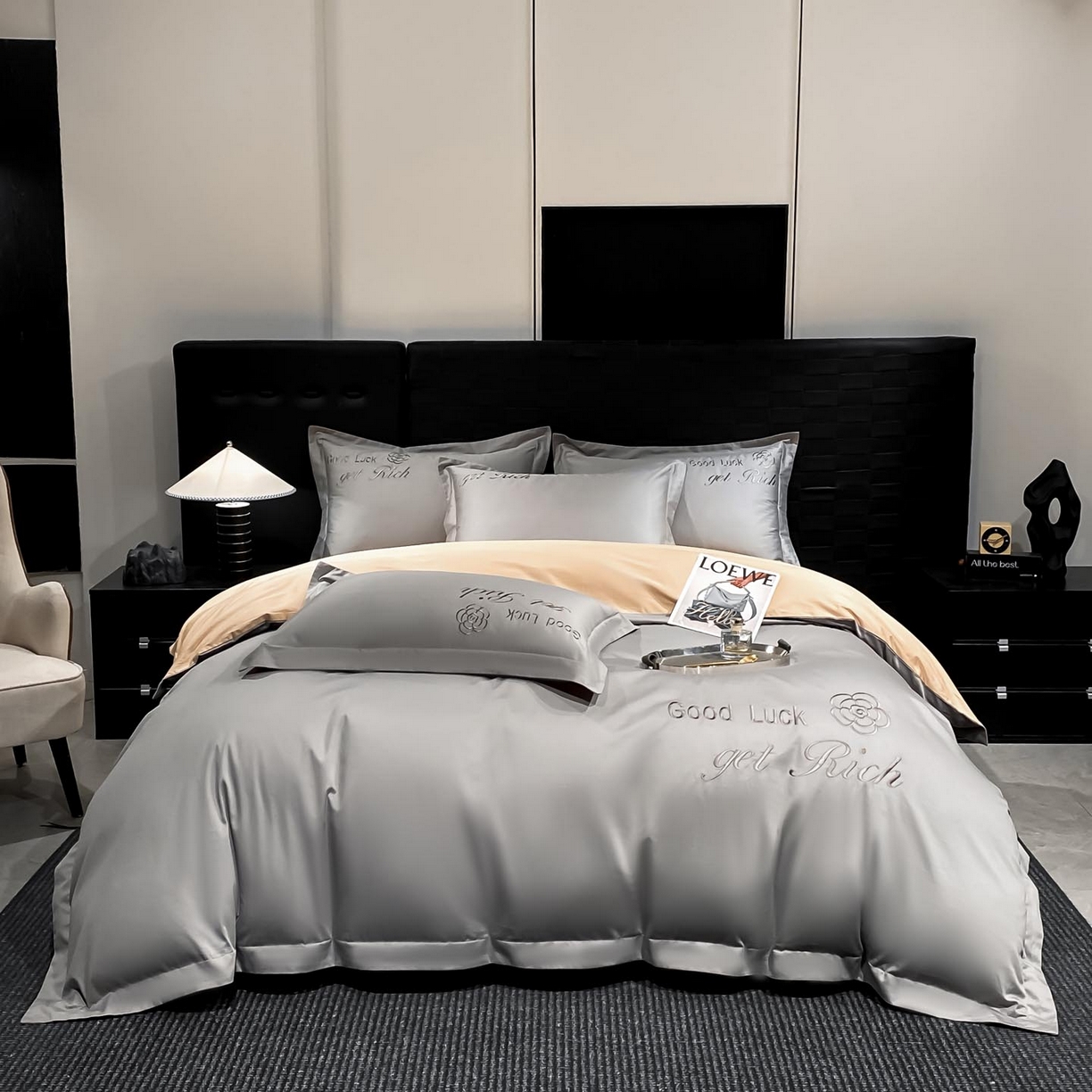 91家纺网 家纺一手货源 找家纺 润锦云 2026新款100s全棉长绒棉纯棉刺绣四件套-如愿 如愿-典雅灰+香槟金