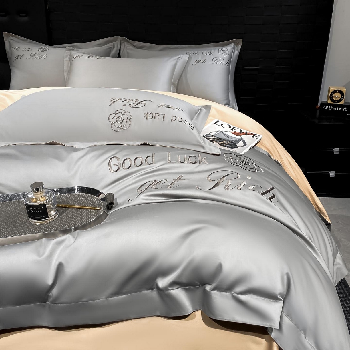 91家纺网 家纺一手货源 找家纺 润锦云 2026新款100s全棉长绒棉纯棉刺绣四件套-如愿 如愿-典雅灰+香槟金