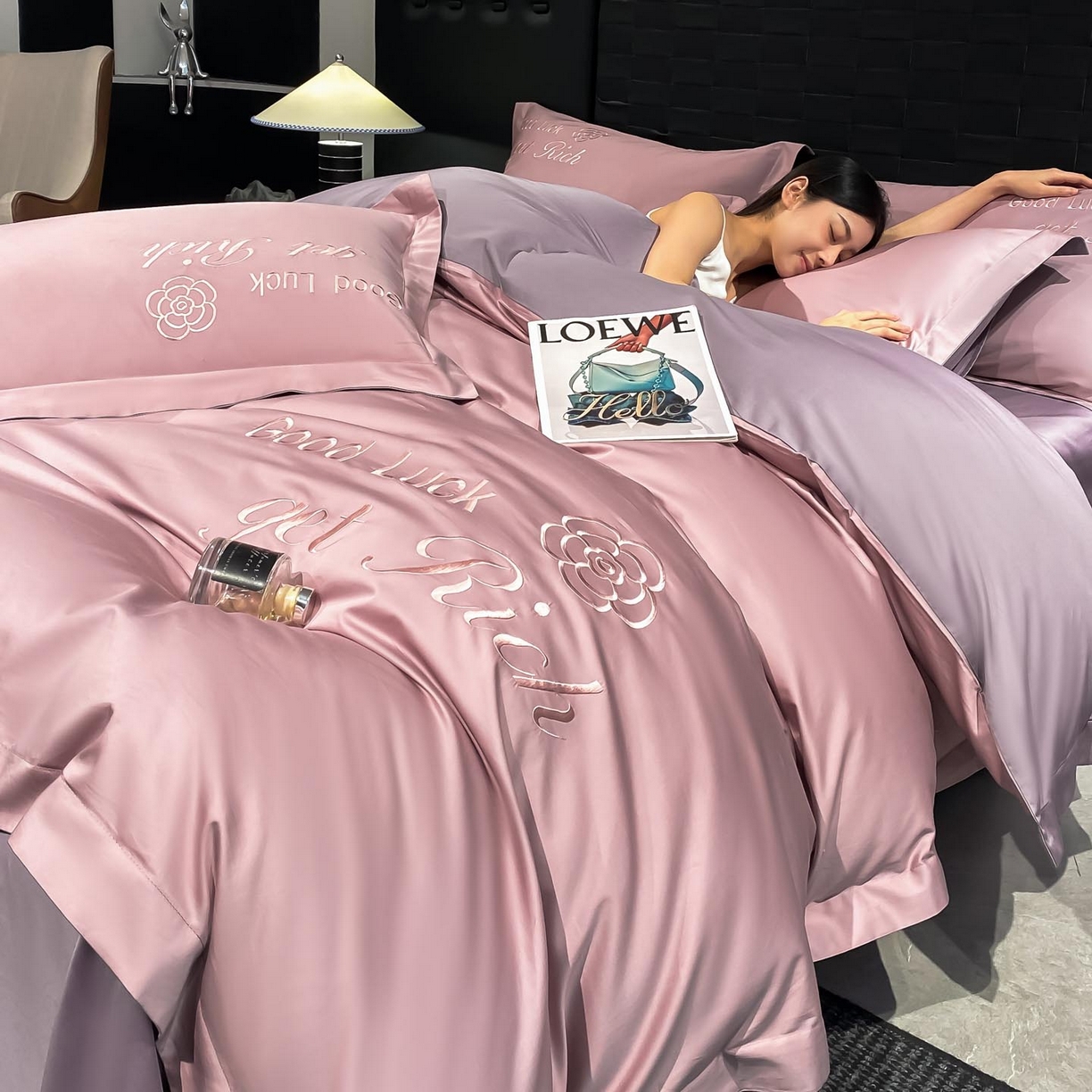 润锦云 2026新款100s全棉长绒棉纯棉刺绣四件套-如愿 如愿-芙蓉粉+星黛紫