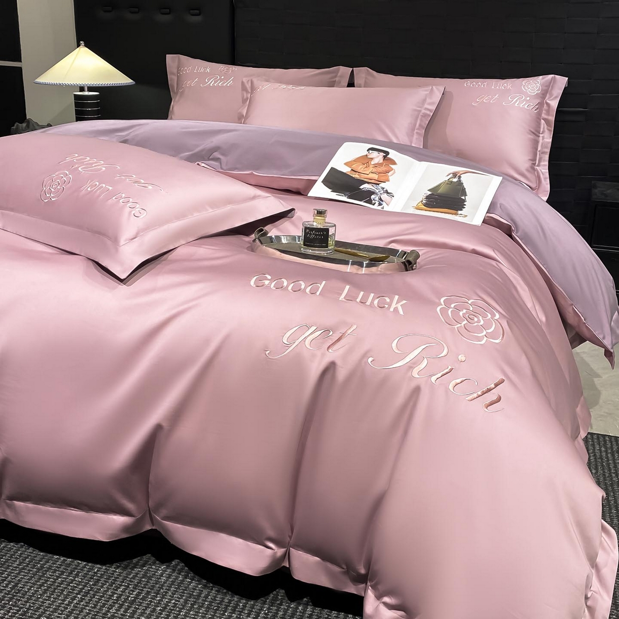 91家纺网 家纺一手货源 找家纺 润锦云 2026新款100s全棉长绒棉纯棉刺绣四件套-如愿 如愿-芙蓉粉+星黛紫