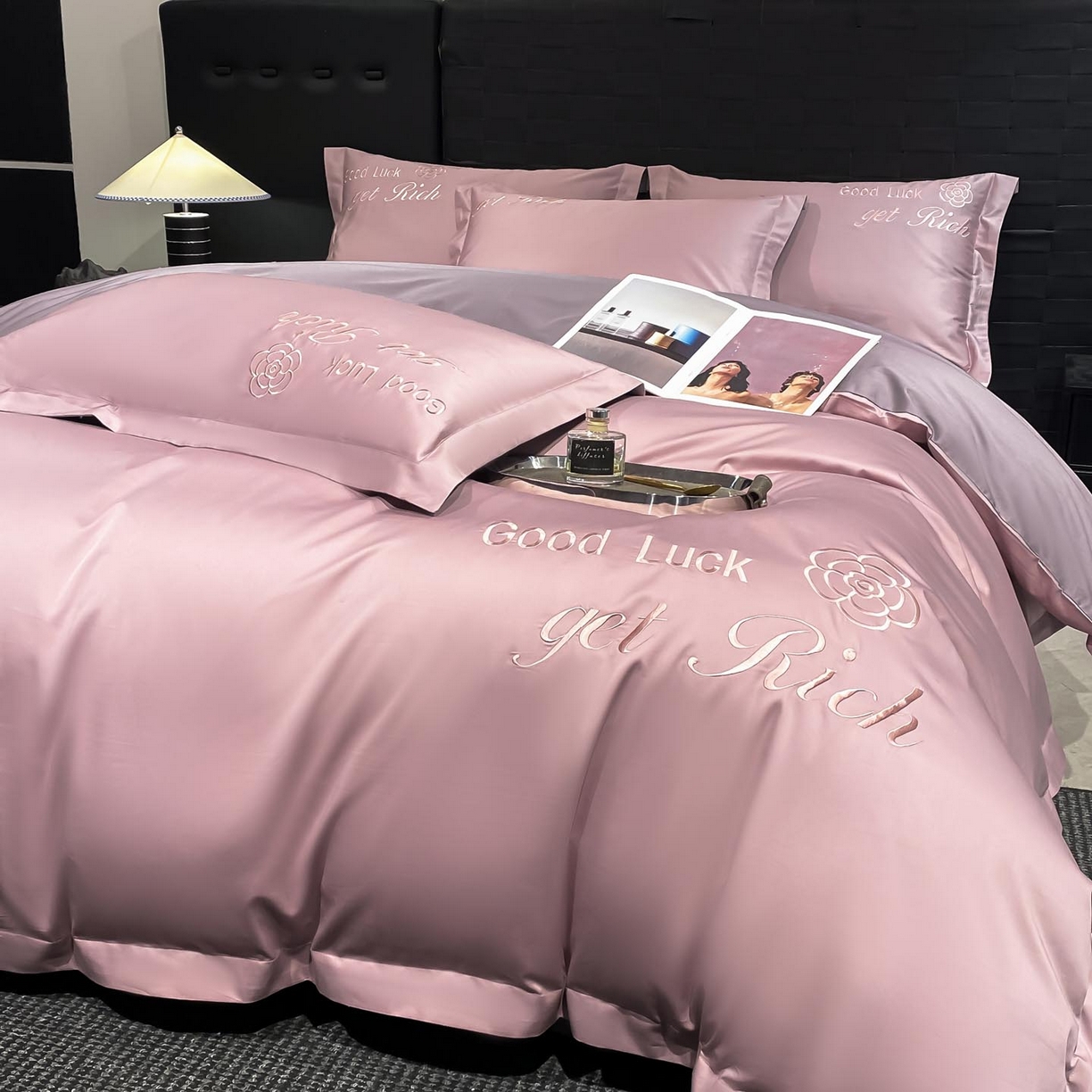 91家纺网 家纺一手货源 找家纺 润锦云 2026新款100s全棉长绒棉纯棉刺绣四件套-如愿 如愿-芙蓉粉+星黛紫