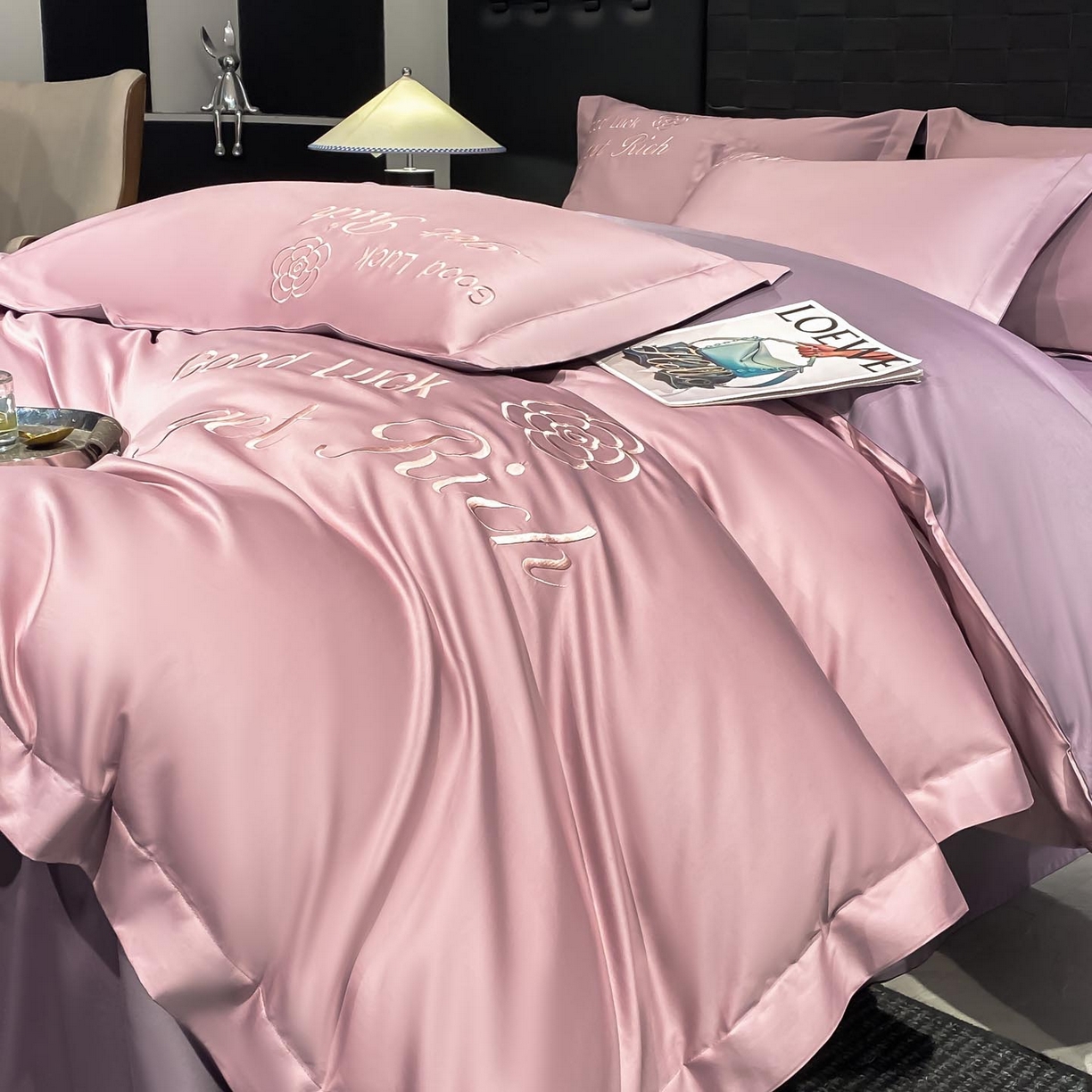 91家纺网 家纺一手货源 找家纺 润锦云 2026新款100s全棉长绒棉纯棉刺绣四件套-如愿 如愿-芙蓉粉+星黛紫