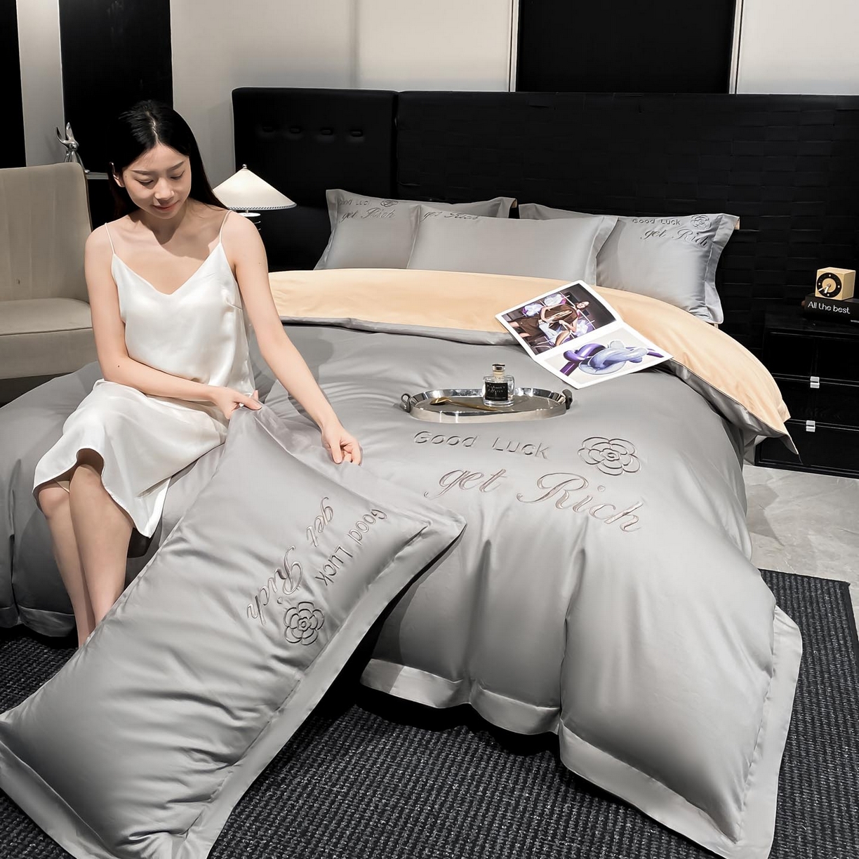 91家纺网 家纺一手货源 找家纺 润锦云 2026新款100s全棉长绒棉纯棉刺绣四件套-如愿 如愿-典雅灰+香槟金