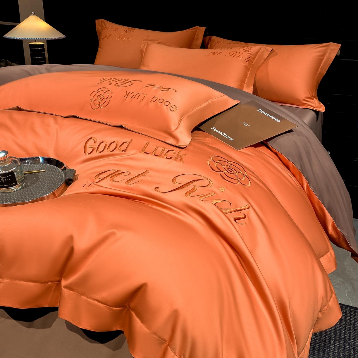 91家纺网 家纺一手货源 找家纺 润锦云 2026新款100s全棉长绒棉纯棉刺绣四件套-如愿 如愿-爱玛橙+摩卡棕