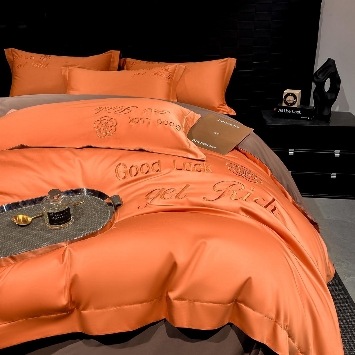 91家纺网 家纺一手货源 找家纺 润锦云 2026新款100s全棉长绒棉纯棉刺绣四件套-如愿 如愿-爱玛橙+摩卡棕