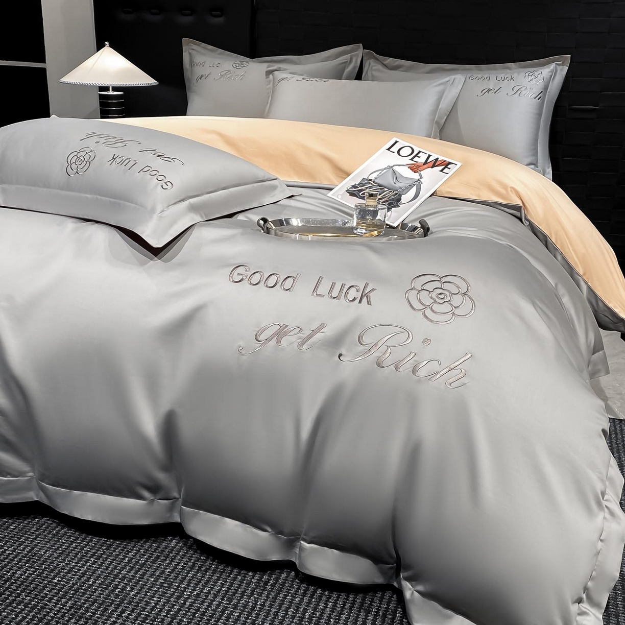 91家纺网 家纺一手货源 找家纺 润锦云 2026新款100s全棉长绒棉纯棉刺绣四件套-如愿 如愿-典雅灰+香槟金