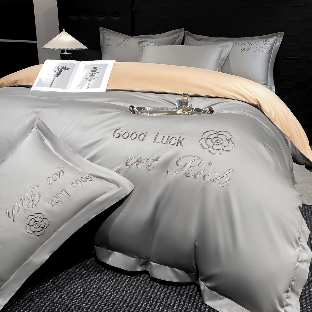 91家纺网 家纺一手货源 找家纺 润锦云 2026新款100s全棉长绒棉纯棉刺绣四件套-如愿 如愿-典雅灰+香槟金