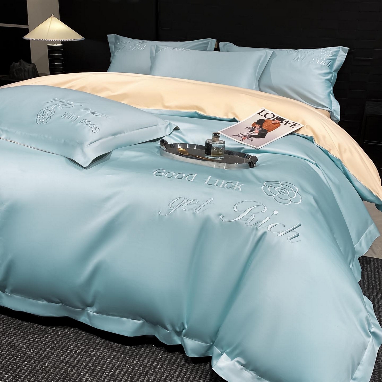 91家纺网 家纺一手货源 找家纺 润锦云 2026新款100s全棉长绒棉纯棉刺绣四件套-如愿 如愿-天空蓝+香槟金