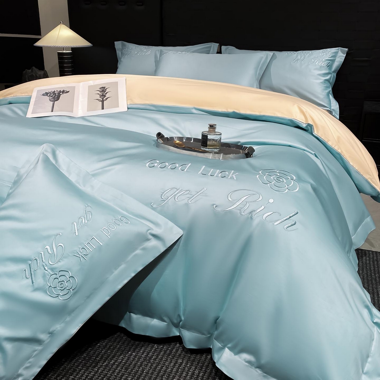 91家纺网 家纺一手货源 找家纺 润锦云 2026新款100s全棉长绒棉纯棉刺绣四件套-如愿 如愿-天空蓝+香槟金