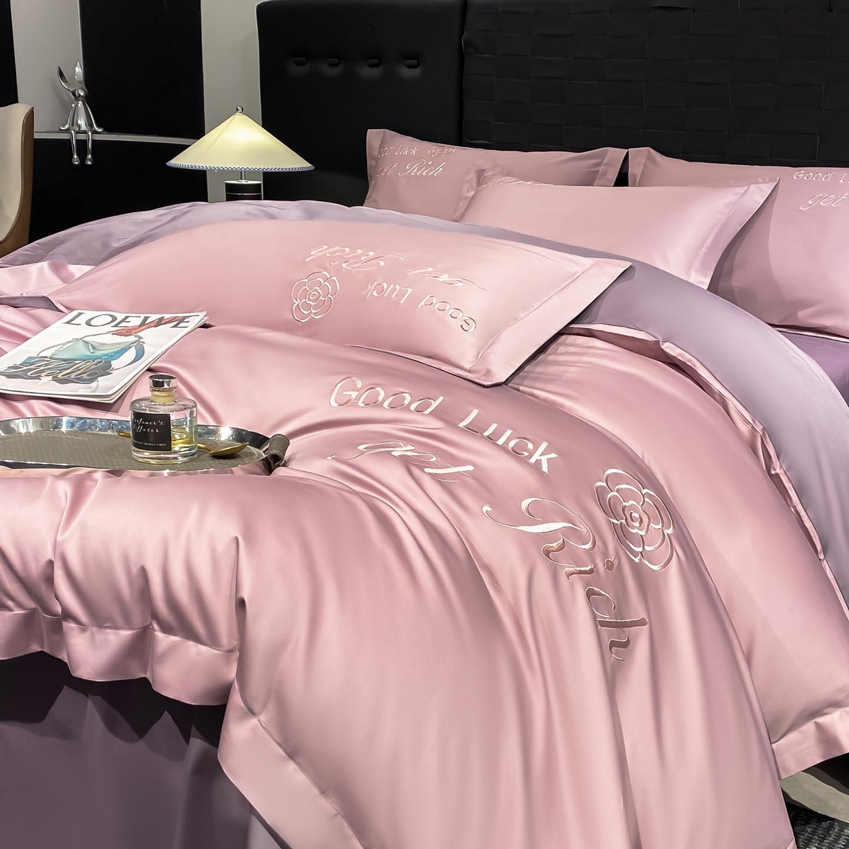 91家纺网 家纺一手货源 找家纺 润锦云 2026新款100s全棉长绒棉纯棉刺绣四件套-如愿 如愿-芙蓉粉+星黛紫