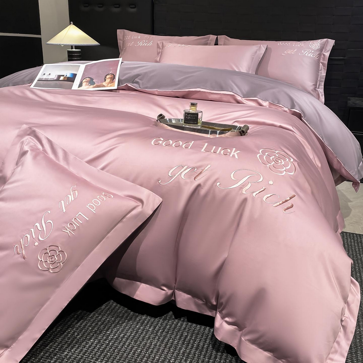 91家纺网 家纺一手货源 找家纺 润锦云 2026新款100s全棉长绒棉纯棉刺绣四件套-如愿 如愿-芙蓉粉+星黛紫