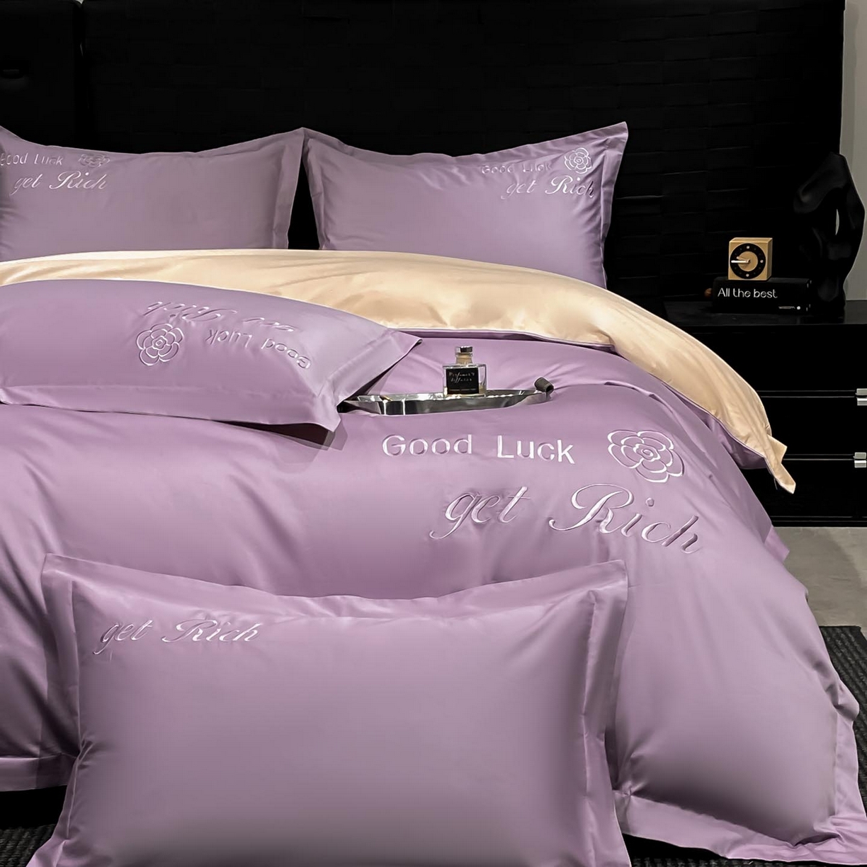 91家纺网 家纺一手货源 找家纺 润锦云 2026新款100s全棉长绒棉纯棉刺绣四件套-如愿 如愿-香芋紫+香槟金