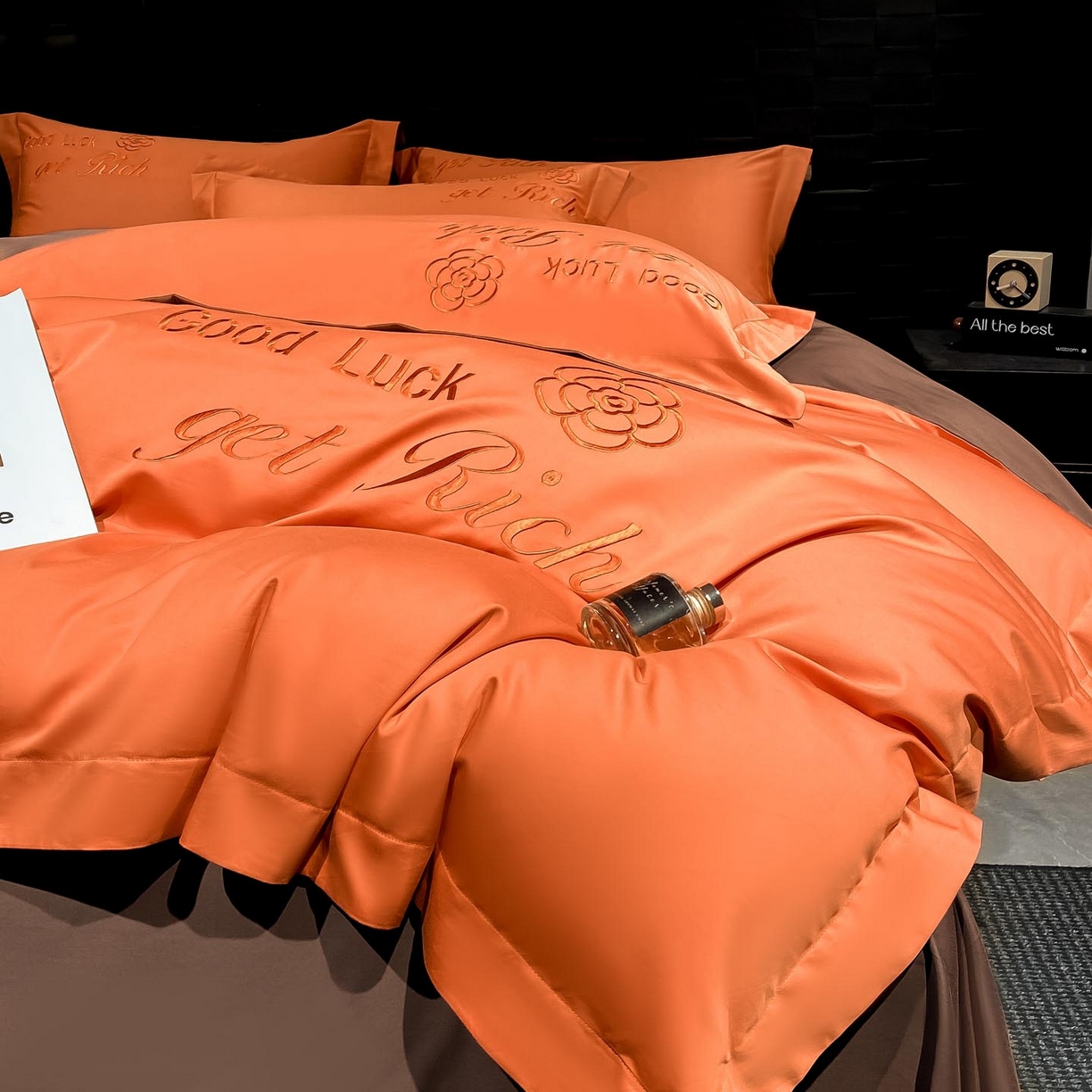 91家纺网 家纺一手货源 找家纺 润锦云 2026新款100s全棉长绒棉纯棉刺绣四件套-如愿 如愿-爱玛橙+摩卡棕