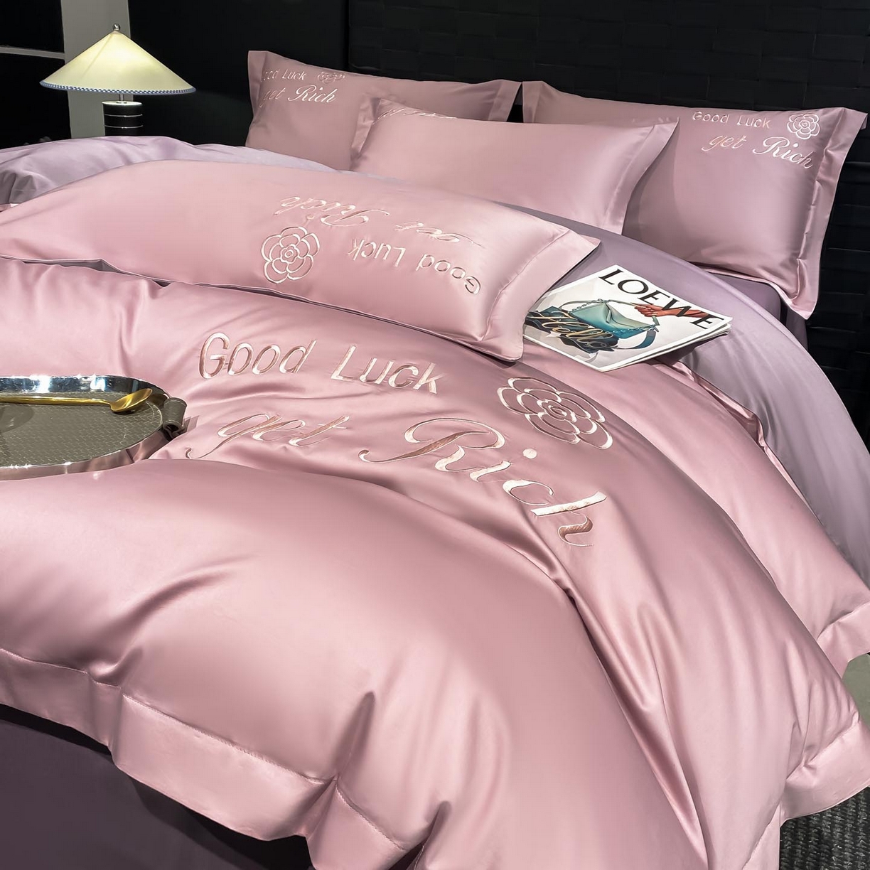 91家纺网 家纺一手货源 找家纺 润锦云 2026新款100s全棉长绒棉纯棉刺绣四件套-如愿 如愿-芙蓉粉+星黛紫