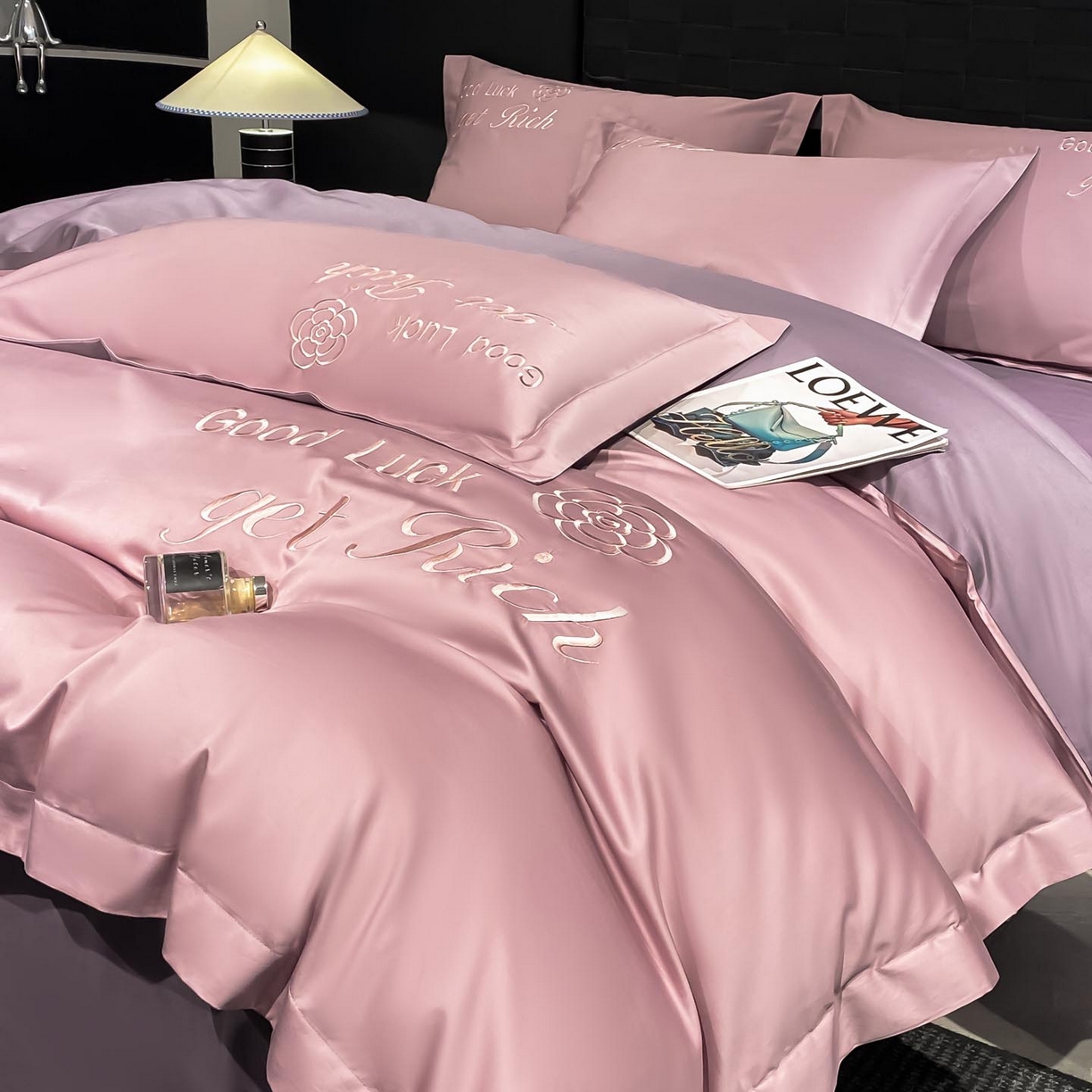 91家纺网 家纺一手货源 找家纺 润锦云 2026新款100s全棉长绒棉纯棉刺绣四件套-如愿 如愿-芙蓉粉+星黛紫