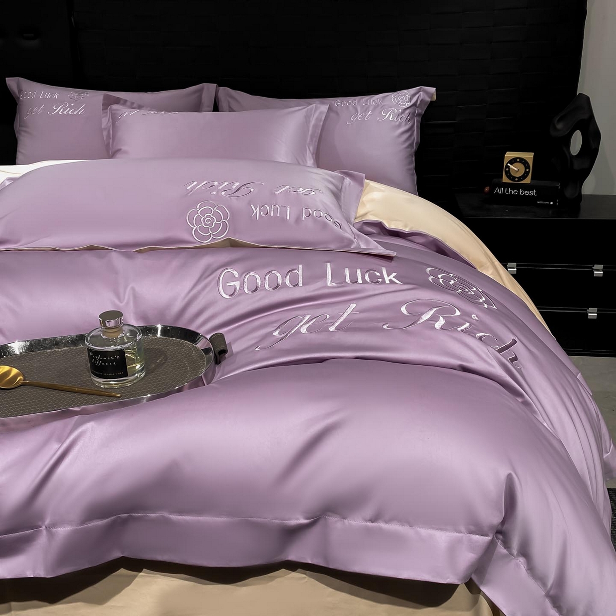 91家纺网 家纺一手货源 找家纺 润锦云 2026新款100s全棉长绒棉纯棉刺绣四件套-如愿 如愿-香芋紫+香槟金