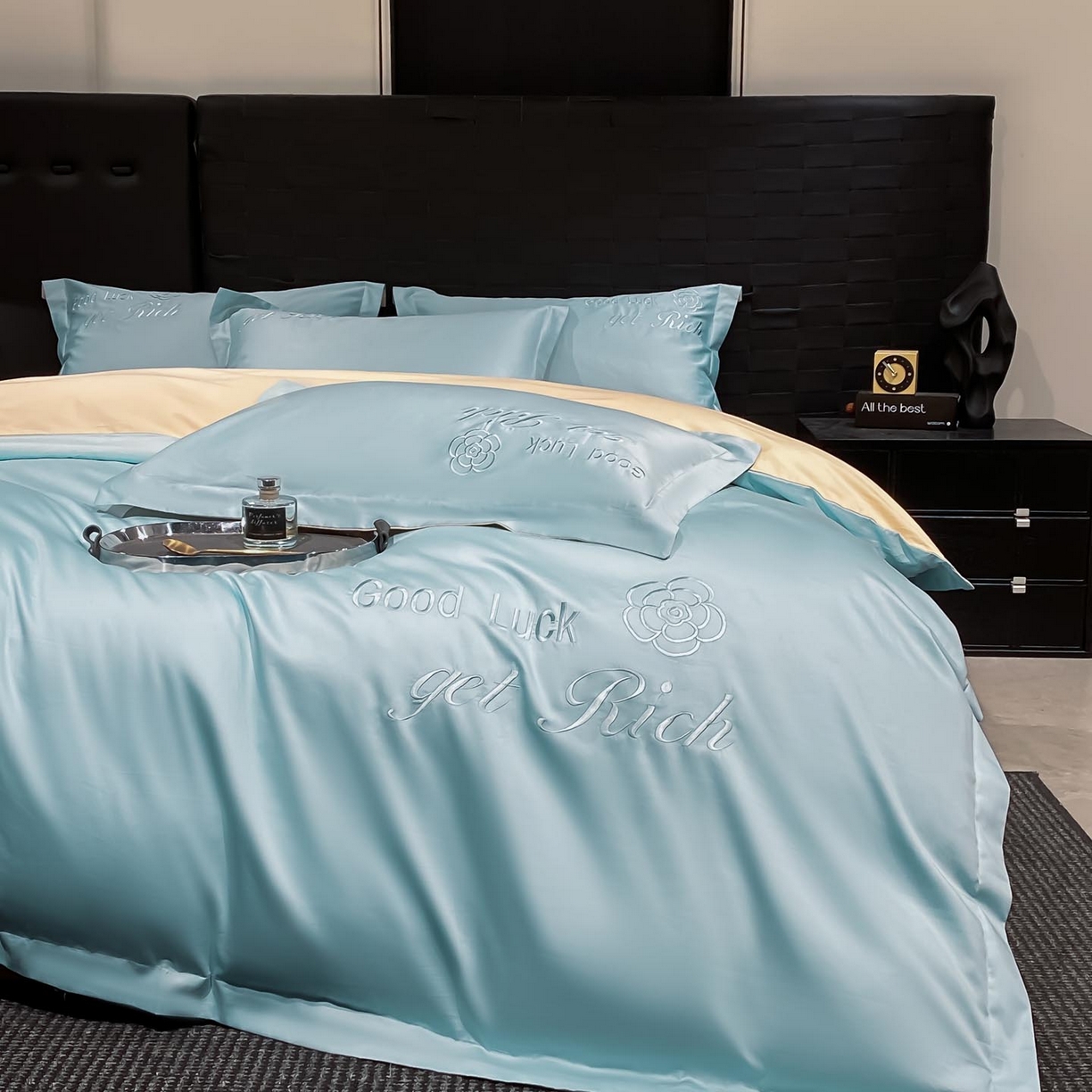 91家纺网 家纺一手货源 找家纺 润锦云 2026新款100s全棉长绒棉纯棉刺绣四件套-如愿 如愿-天空蓝+香槟金