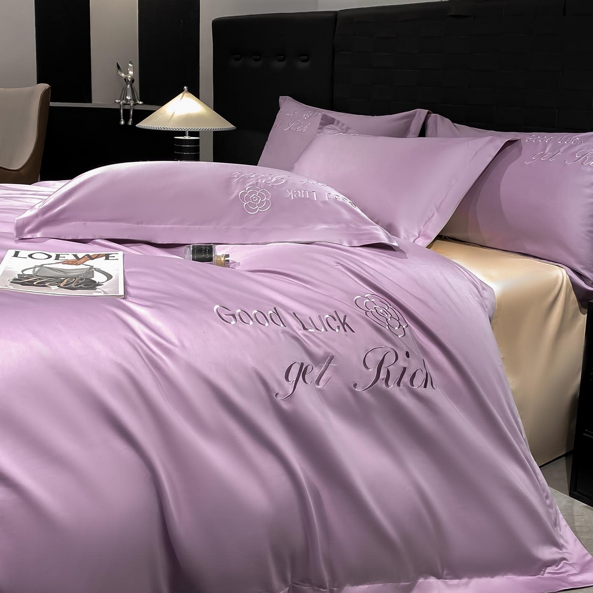 91家纺网 家纺一手货源 找家纺 润锦云 2026新款100s全棉长绒棉纯棉刺绣四件套-如愿 如愿-香芋紫+香槟金