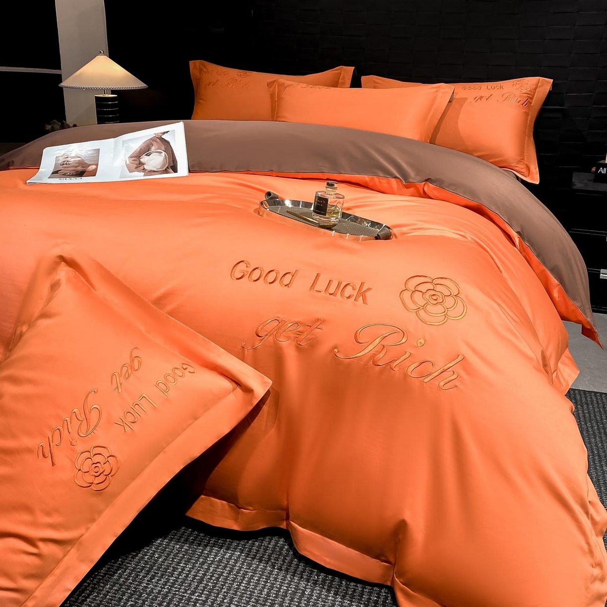 91家纺网 家纺一手货源 找家纺 润锦云 2026新款100s全棉长绒棉纯棉刺绣四件套-如愿 如愿-爱玛橙+摩卡棕