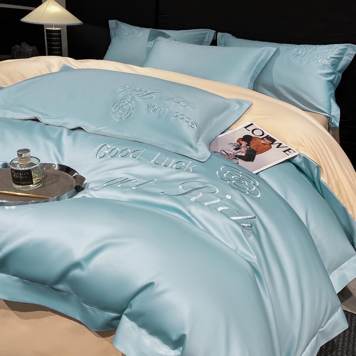 91家纺网 家纺一手货源 找家纺 润锦云 2026新款100s全棉长绒棉纯棉刺绣四件套-如愿 如愿-天空蓝+香槟金