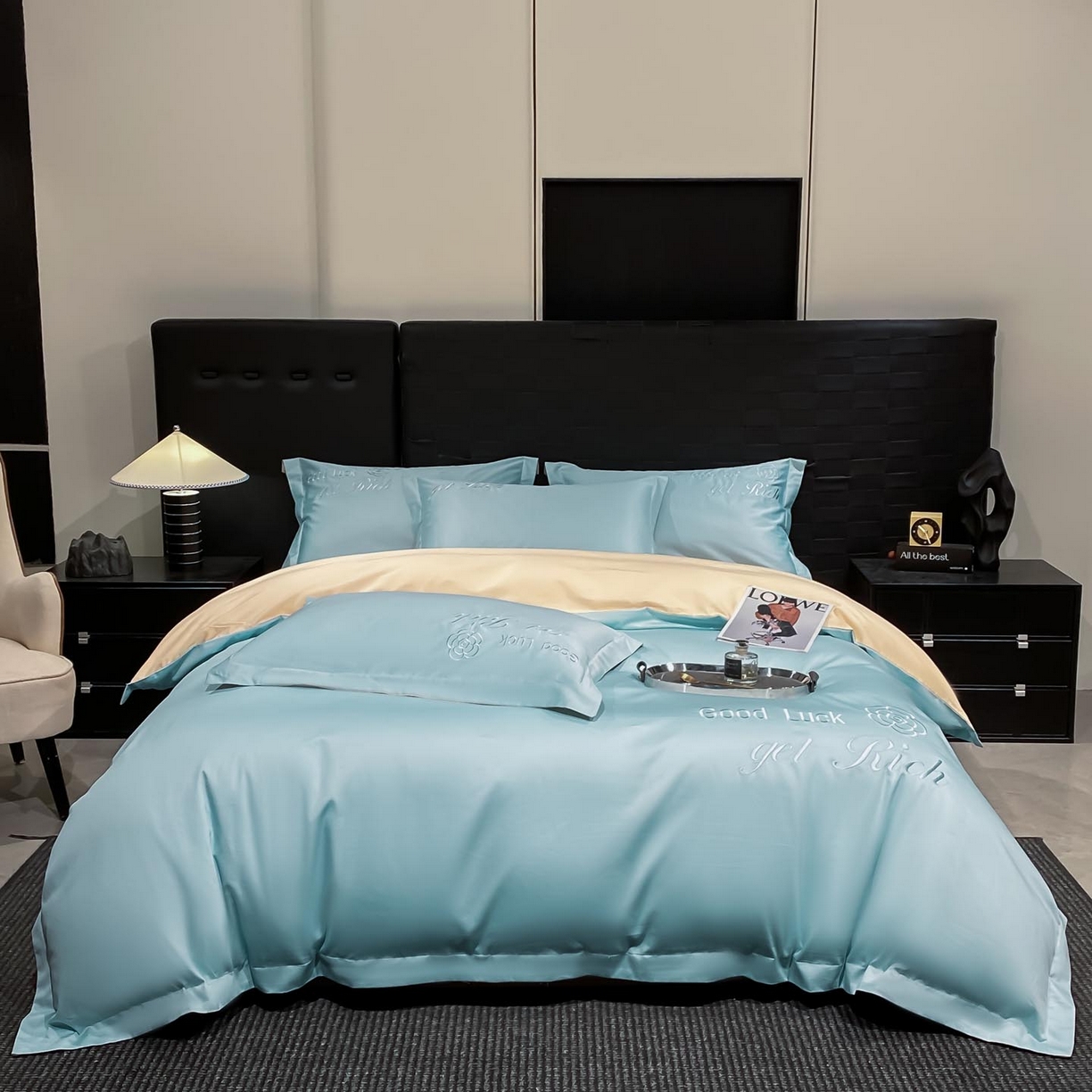 91家纺网 家纺一手货源 找家纺 润锦云 2026新款100s全棉长绒棉纯棉刺绣四件套-如愿 如愿-天空蓝+香槟金