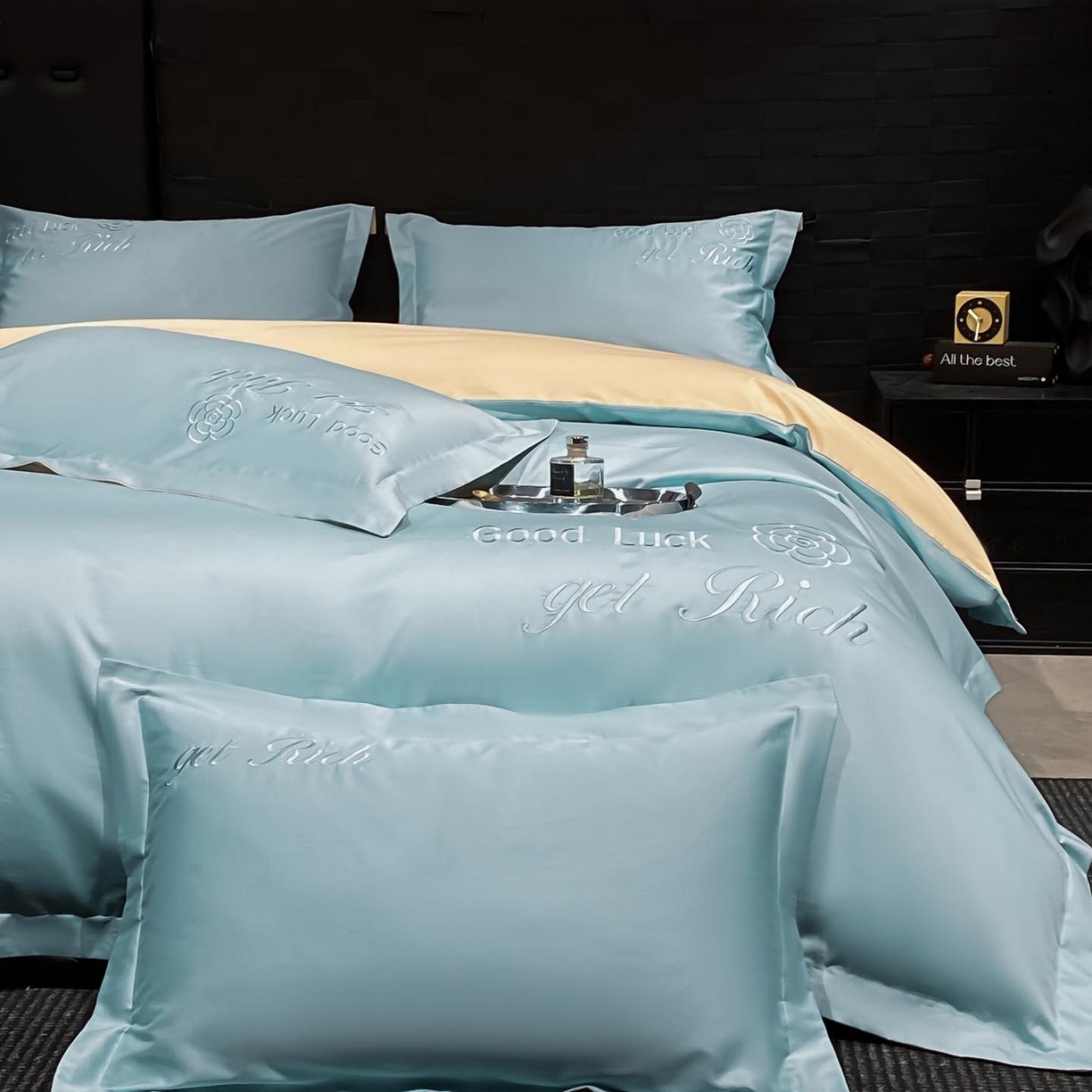 91家纺网 家纺一手货源 找家纺 润锦云 2026新款100s全棉长绒棉纯棉刺绣四件套-如愿 如愿-天空蓝+香槟金