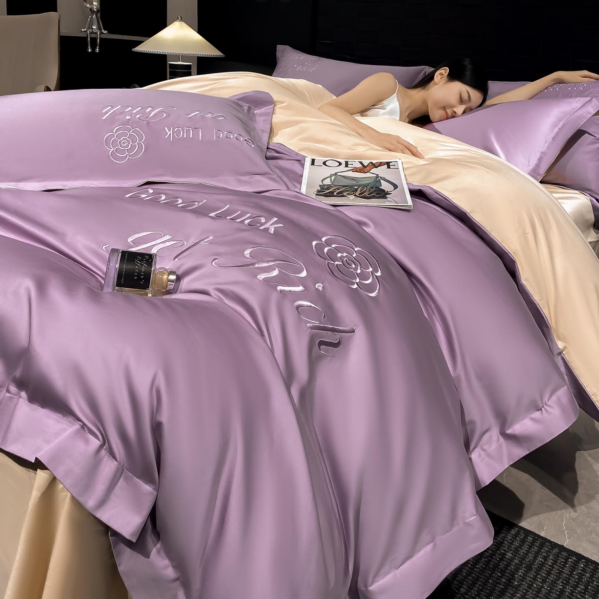 润锦云 2026新款100s全棉长绒棉纯棉刺绣四件套-如愿 如愿-香芋紫+香槟金