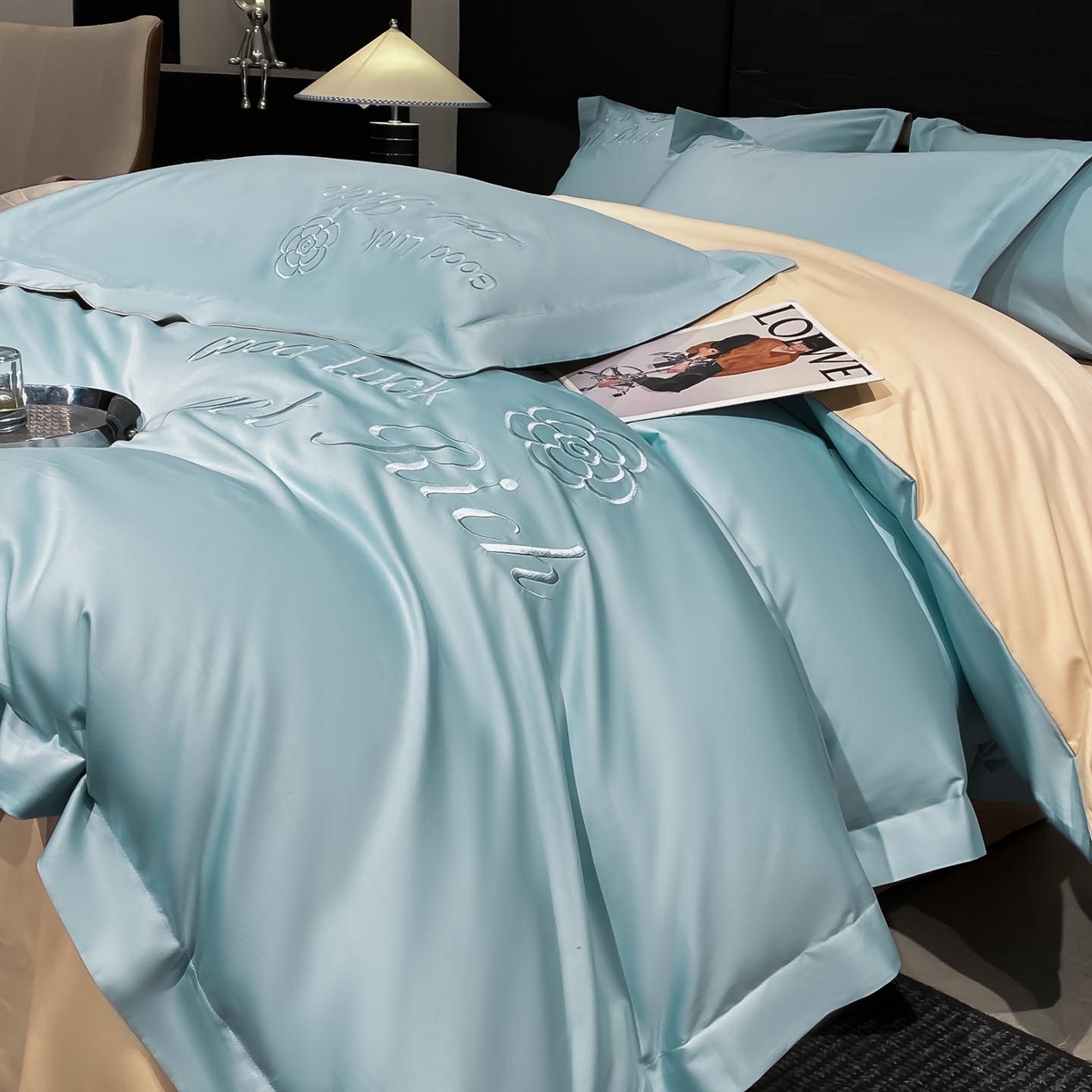 91家纺网 家纺一手货源 找家纺 润锦云 2026新款100s全棉长绒棉纯棉刺绣四件套-如愿 如愿-天空蓝+香槟金