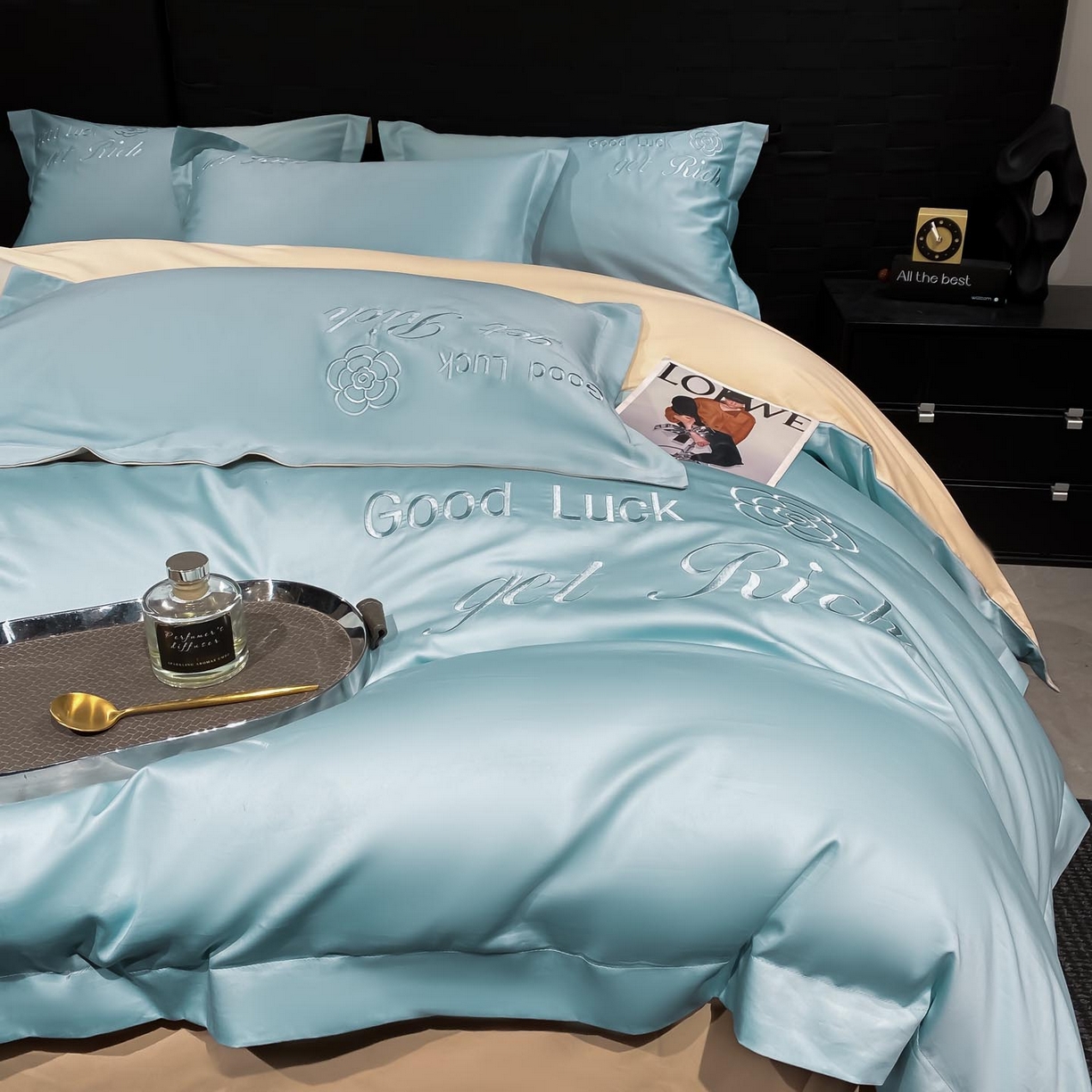 91家纺网 家纺一手货源 找家纺 润锦云 2026新款100s全棉长绒棉纯棉刺绣四件套-如愿 如愿-天空蓝+香槟金