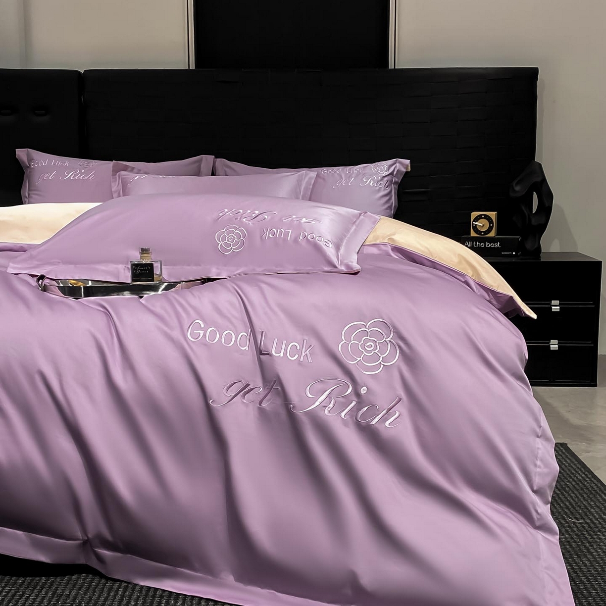 91家纺网 家纺一手货源 找家纺 润锦云 2026新款100s全棉长绒棉纯棉刺绣四件套-如愿 如愿-香芋紫+香槟金