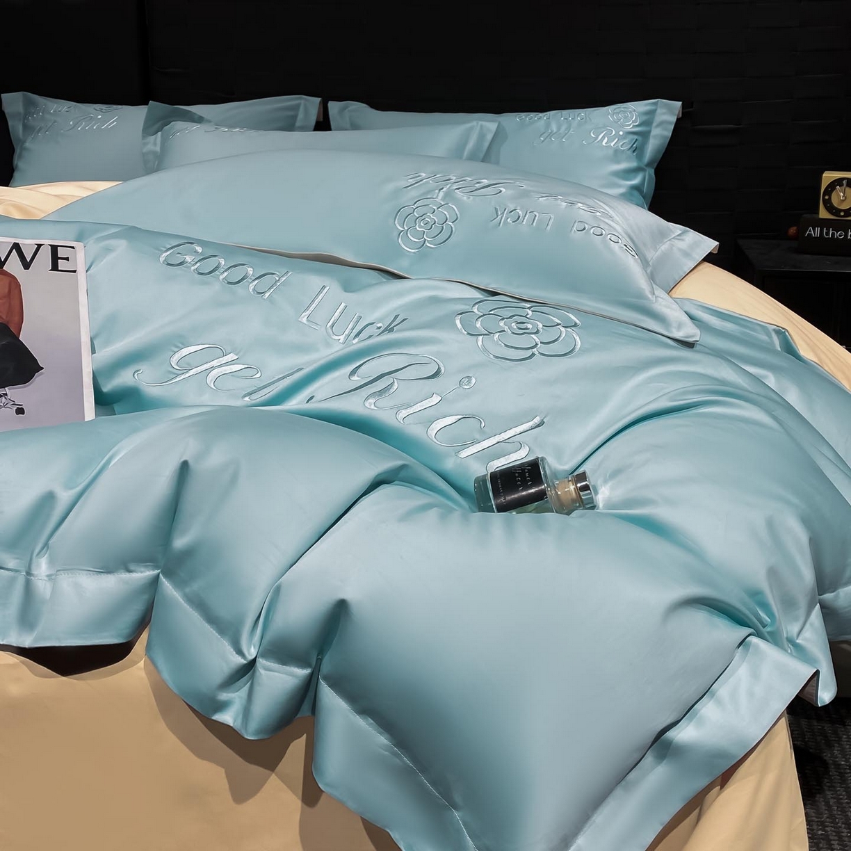 91家纺网 家纺一手货源 找家纺 润锦云 2026新款100s全棉长绒棉纯棉刺绣四件套-如愿 如愿-天空蓝+香槟金